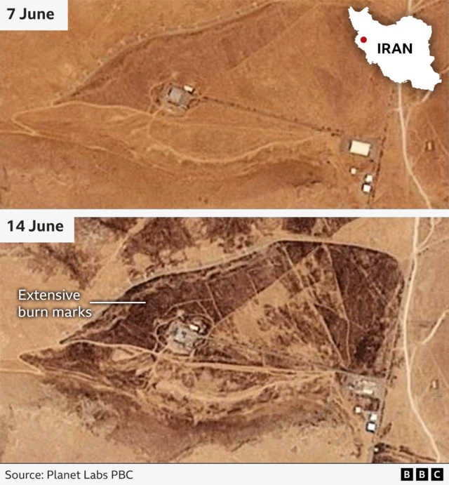 မီးလောင်ရာတွေကို မြင်တွေ့ရနိုင်တယ်ဆိုတာကို ပြသထားတဲ့ ဇွန်လ ၇ ရက်နေ့က အခြေအနေ(အပေါ်ပိုင်း) နဲ့ တိုက်ခိုက်ခံရမှုဖြစ်တဲ့ ဇွန်လ ၁၄ ရက်နေ့အခြေအနေ 