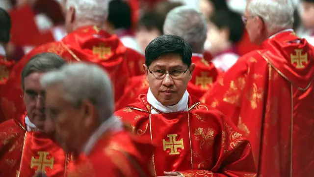 塔格莱枢机主教身穿红色长袍，与其他神父在圣伯多禄大殿合影