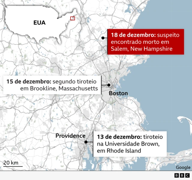 Mapa mostra onde ocorreram os tiroteios e onde o suspeito foi encontrado morto 