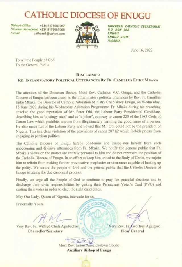 Akwụkwọ ozi si n'aka Bishop Enugu