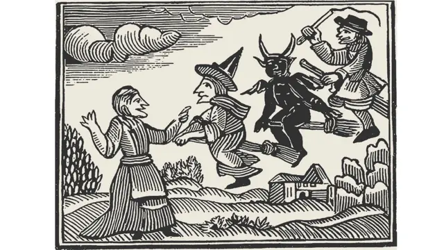 Ілюстрація - відьма в капелюсі на мітлі, також на мітлах - чорт і чоловік із батогом. Ще одна жінка стоїть на землі.