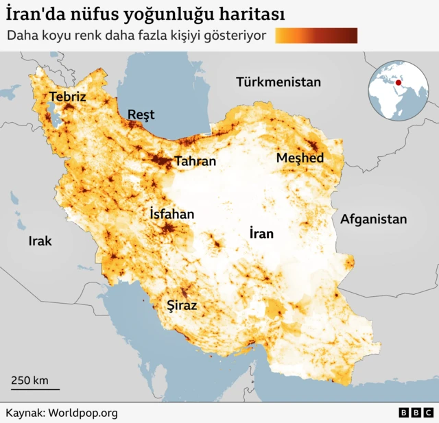 BBC'nin İran'daki nüfus yoğunluğunu gösteren haritası.