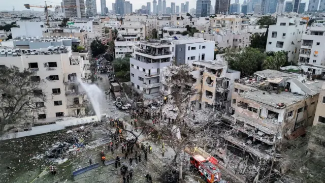A drone photo shows the damage over residential homes at the impact site following missile attack from Iran on Israel, in Tel Aviv, Israel June 16, 2025