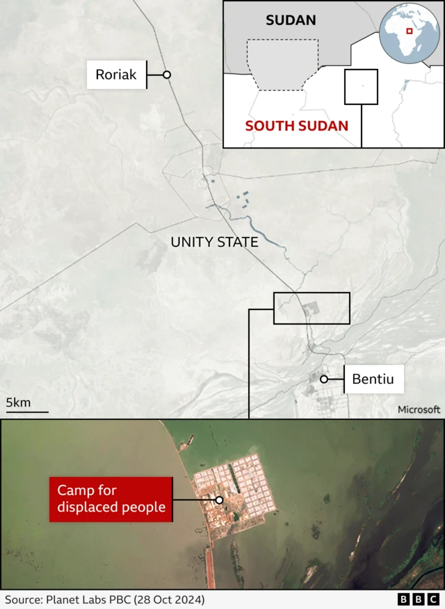 Máàpù tó ń ṣàfihàn Roriak, Bentiu àti ibùdó táwọn èèyàn tí kò nílé ń gbé ní Unity State, South Sudan
