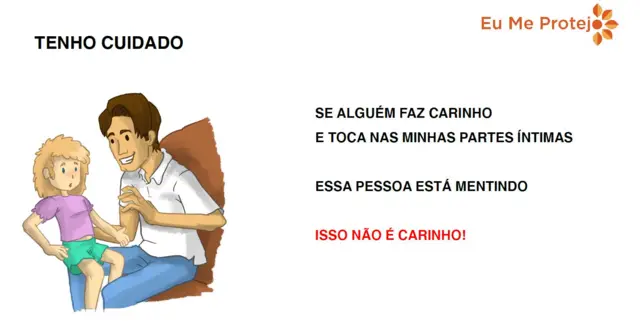 Ilustração mostra criança branca com expressão assustada sentada no colocodigo promocional betpix365homem branco que sorri - o texto diz: 'Tenho cuidado se alguém faz carinho nas minhas partes íntimas. Essa pessoa está mentindo. Isso não é carinho'