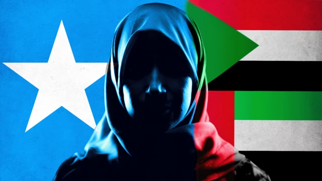 صورة ظلية لامرأة ترتدي الحجاب مع أعلام الصومال والإمارات العربية المتحدة والسودان في الخلفية.
