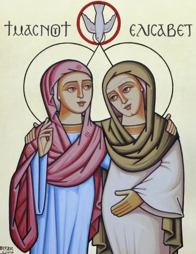 أيقونة قبطية معاصرة لمشهد يجمع بين القديسة العذراء مريم (يسار الصورة)، مع أليصابات الحامل في القديس يوحنا المعمدان وتضع يدها على بطنها 