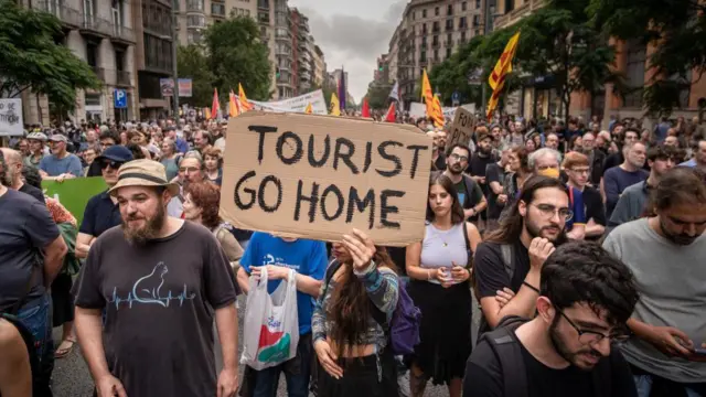 Alguien sujeta un cartel que dice Tourist Go Home ("Turistas, váyanse a casa") en una protesta en Barcelona