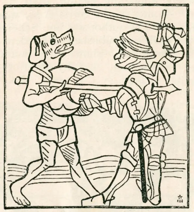 Gravura medieval retrata um guerreiro enfrentando um cinocéfalo, criatura mitológica com corpo humano e cabeça de cão que figurava em relatos de viajantes e lendas da época.