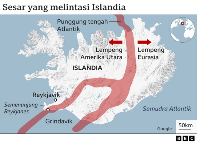 Peta yang menunjukkan sesar yang melintasi Islandia