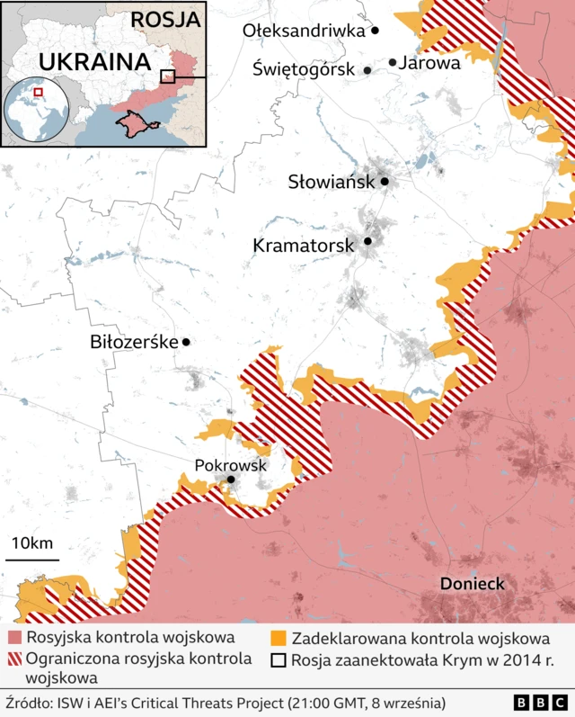 Mapa pokazująca wschodnią Ukrainę