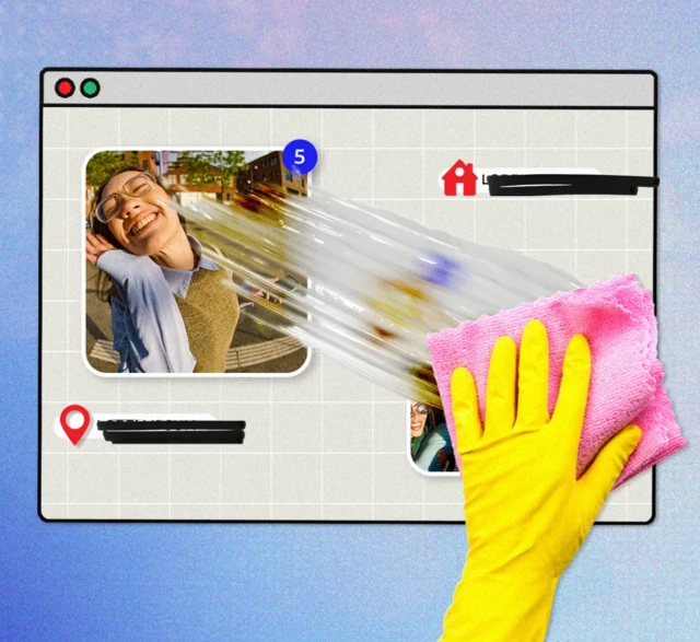 Grafika kompozytowa. Dłoń w żółtej gumowej rękawiczce ściera gąbką informacje - w tym dane adresowe i dotyczące lokalizacji - z ekranu komputera.