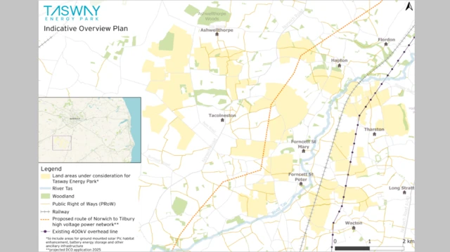 Podemos ver un mapa de una parte del sur de Norfolk, incluyendo Tacolneston y Long Stratton. Algunas zonas están resaltadas en amarillo para indicar dónde se planean los desarrollos urbanísticos.