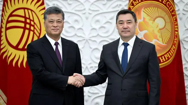 President of Kyrgyzstan Sadir Japarov (R) meets with Communist Party Secretary of Xinjiang Uyghur Autonomous Region, Ma Xingrui (L) in Bishkek, Kyrgyzstan on March 30, 2023.