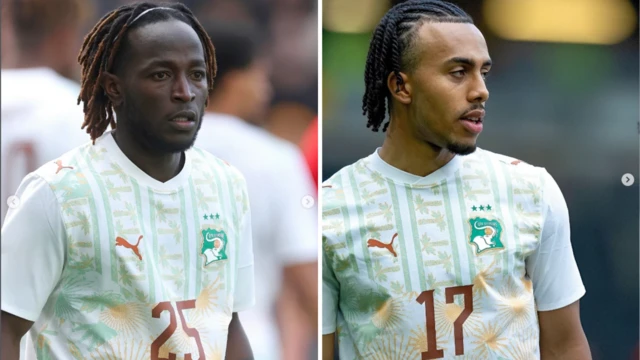 Guiagon Parfait (left) and Guela Doue (right) wear the 2026 Ivory Coast away shirt. 