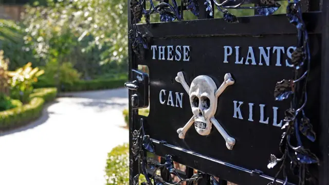 Detalle de la puerta de hierro del jardín, con una calavera y la advertencia: "Estas plantas pueden matar".