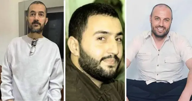 سجناء فلسطينيون مفرج عنهم، من اليمين إلى اليسار: سلامة قطاوي، عمار الزبن، عبد الناصر عيسى