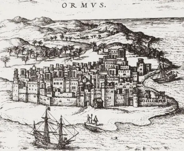 Ishusho y’ubwami bwa Hormuz (Ormazd), hisunzwe igicapo co mu gitabu « Cités du monde » canditswe na George Browne, hagati ya 1588 na 1594.