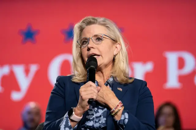 Liz Cheney con un micrófono en mano en un evento público