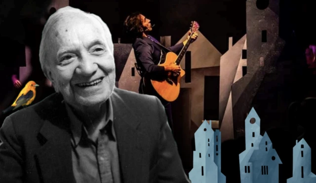 A imagem é uma montagem que combina um retrato em preto e branco de um homem idoso, Mario Quintana, sorridente, em primeiro plano, com a fotografia de um músico tocando violão em um palco ao fundo.