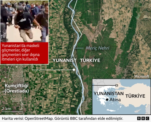 Türkiye ve Yunanistan sınırını gösteren harita. Haritada Meriç Nehri ayrıca gösterilmiş.