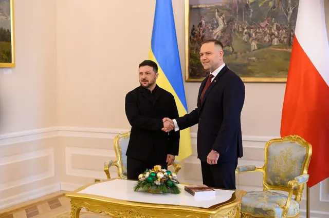 Зеленский и Навроцкий стоят в комнате с классическим интерьером и пожиают друг другу руки. 