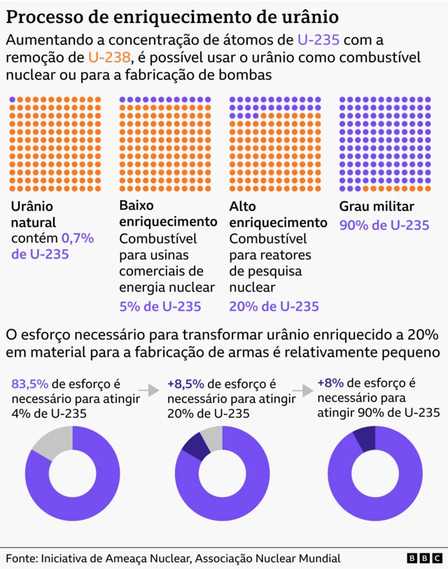 O gráfico mostra como diferentes concentrações de U-235 no urânio afetam seu uso potencial