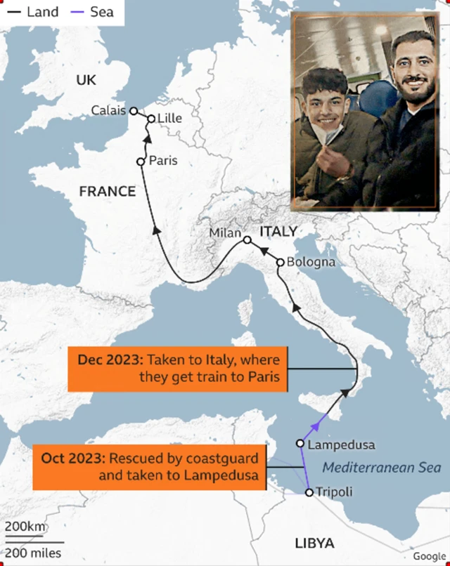 리비아에서 프랑스까지 형제가 이동한 경로를 나타낸 지도
