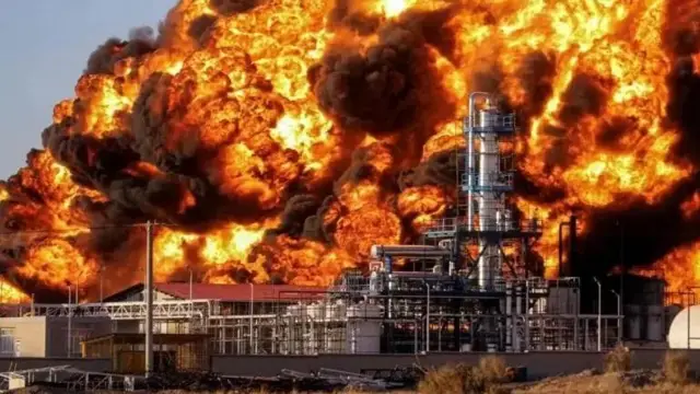 آتش مهیب در پشت یک تاسیسات نفتی
