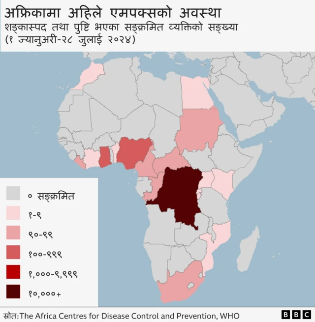 अफ्रिकी देशहरूमा सन् २०२२देखि २०२४ सम्म एमपक्स सङ्क्रमितको सङ्ख्या दर्शाउने नक्शा 