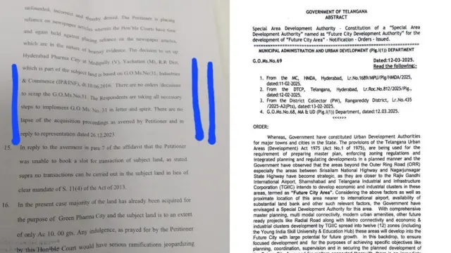 ఫార్మాసిటీ ఏర్పాటు జీవో నం.31 అమల్లోనే ఉందని స్పష్టం చేస్తూ ప్రభుత్వం హైకోర్టులో దాఖలు చేసిన అఫిడవిట్ (ఎడమ), ఫ్యూచర్ సిటీ కోసం ప్రభుత్వం జారీ చేసిన ఉత్తర్వులు (కుడి)