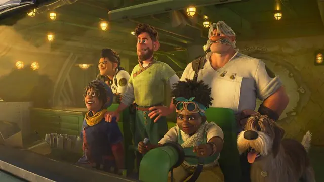 Cena de 'Mundo Estranho', da Disney, com os personagens olhando para frente em uma nave