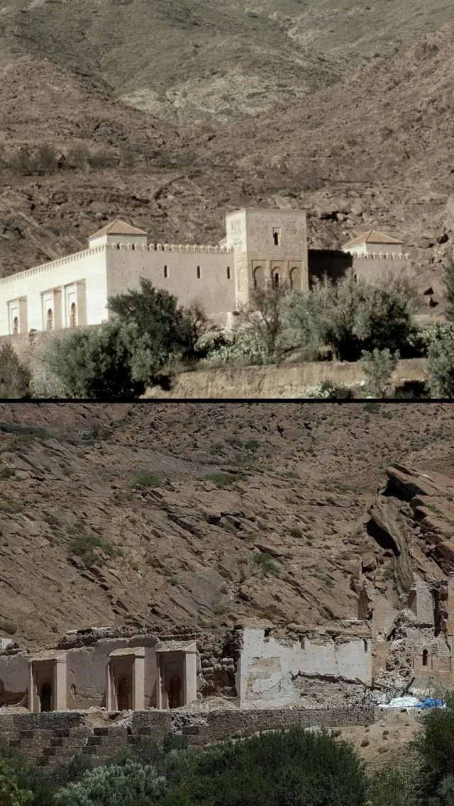 Tinmel [or Tinmal] Mosque, a historic site wey dey High Atlas Mountains of Morocco wit di image at di bottom showing severe damage