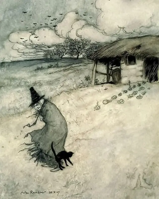 Ilustracija prikazuje čarobnicu u crnom ogrtaču i visokom crnom šeširu