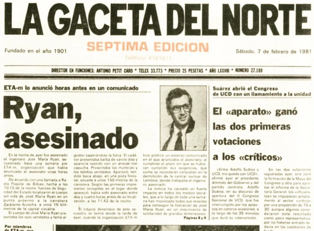 Jornal com a notícia do assassinato do engenheiro José María Ryan, em 1981
