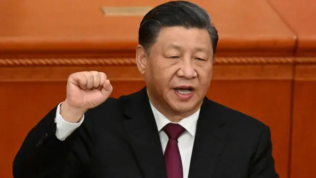China's President Xi Jinping swears under oath after being re-elected as president for a third term during the third plenary session of the National People's Congress (NPC) at the Great Hall of the People in Beijing on March 10, 2023