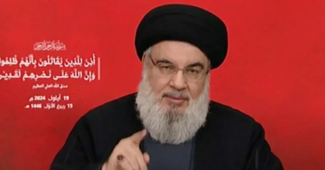 Hassan Nasrallah giving a televised speech earlier this month
