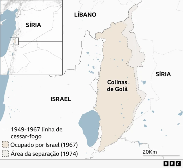 Mapa mostra a Síria do lado direito, as Colinasroleta turkish rouletteGolã no meio e Israel do lado esquerdo. 