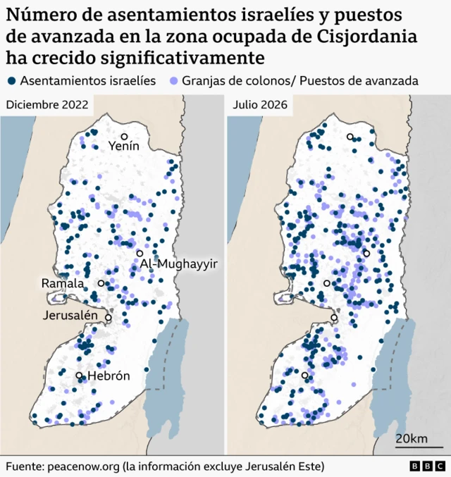 Mapa que muestra los asentamientos israelíes en la Cisjordania ocupada