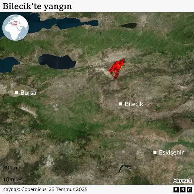 Bilecik'te yangının çıktığı bölgeyi gösteren harita.