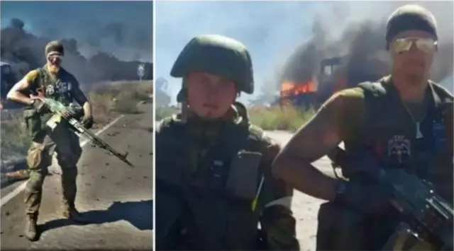 Ян Петровський та командир "Русича" Олексій Мільчаков позують на фоні розбитої колони "Айдару" у вересні 2014 р. на Луганщині