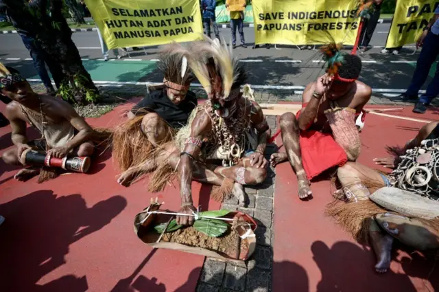 Perwakilan masyarakat adat berunjuk rasa di depan Mahkamah Agung di Jakarta, menuntut pencabutan perkebunan sawit, pada 27 Mei 2024.