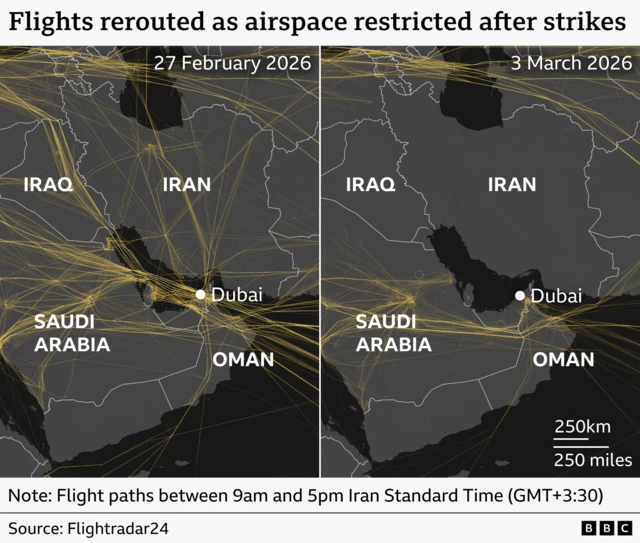دو نقشے جن میں فلائٹ پاتھ دکھایا گیا ہے۔ ایک میں جنگ سے پہلے پروازیں ایران کی فضائی حدود سے گزر رہی ہیں، دوسری تصویر میں ایران کی فضائی حدود سے کوئی پرواز نہیں گزر رہی