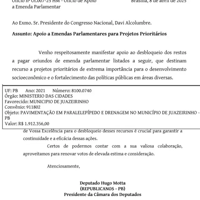 Ofício que pede liberação de emenda parlamentar em nome de Hugo Motta