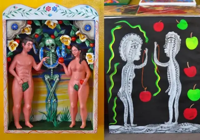 Sculpture en bois de l'artiste folklorique péruvien Bernardo Paucar (gauche) et peinture de l'artiste folklorique cubaine Cenia Gutiérrez (droite) représentant Adam et Ève au Marché International d'Art Folklorique de Santa Fe, Nouveau-Mexique, 2012.