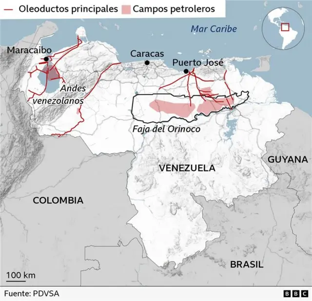 Mapa geográfico de Venezuela con los Andes Venezolanos señalados además de los principales yaciemientos petrolíferos.