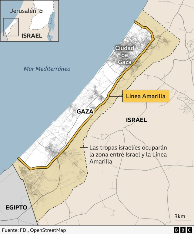 Mapa que muestra la Franja de Gaza y la delimitación de la Línea amarilla que la separa de Israel