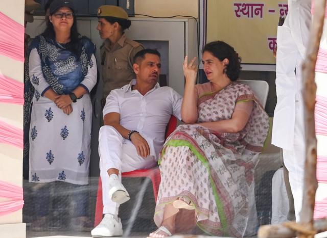 Priyanka Gandhi with husband Robert Vadra outside the election office on the day when brother Rahul Gandhi is submitting his nomination papers.