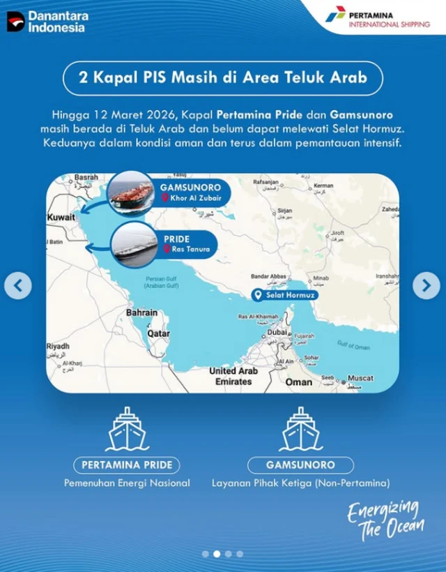 Posisi dua kapal Pertamina di Teluk Arab, pada 12 Maret 2026.