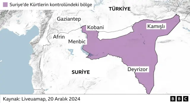 20 Aralık itibariyle Suriye'nin kuzeyindeki durumu gösteren bir haritada Kürtlerin hakim olduğu alanlar morla gösterilmiş.